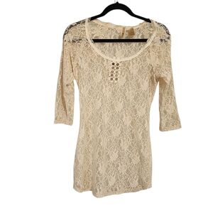 BKE Lace Top L Cream Floral Long Country Western Boho